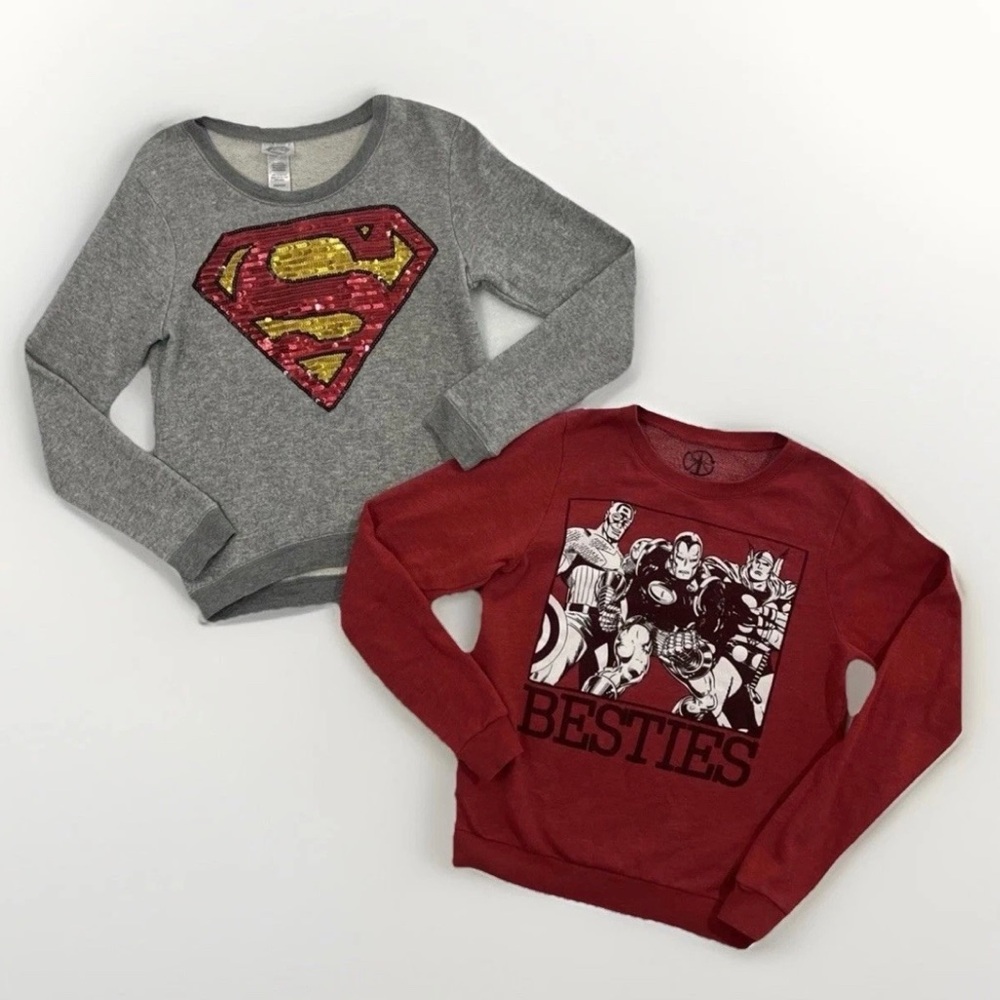 2 Heroes Sweatshirt Lot Marvel BESTIES Superman Sequins Logo Junior Girls XS